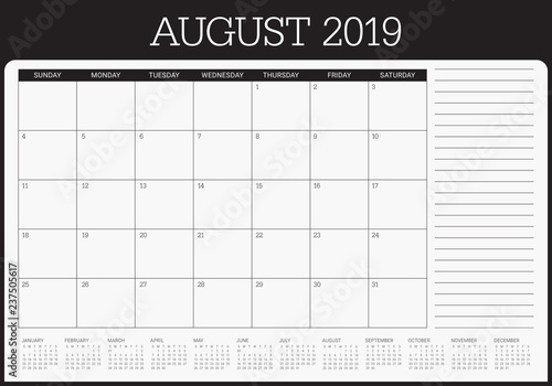 August 2019 desk calendar vector illustration