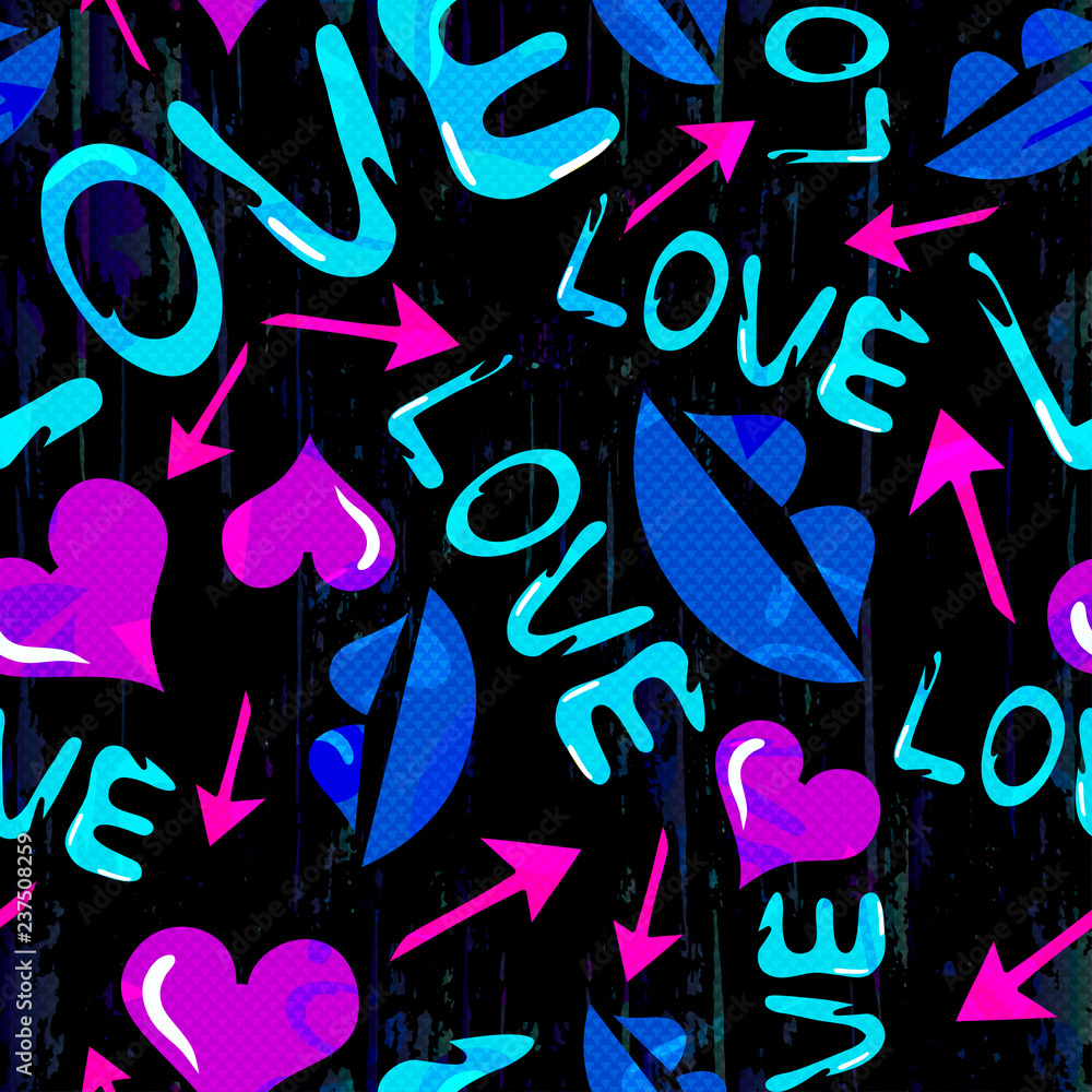 Graffiti Valentine Day on a black background seamless background