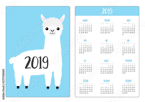 Llama alpaca standing. Simple pocket calendar layout 2019 new year. Week starts Sunday. Cute cartoon funny baby character. Vertical orientation. Flat design. Blue background.