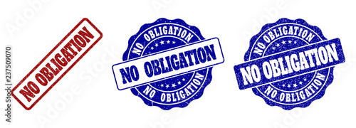 NO OBLIGATION grunge stamp seals in red and blue colors. Vector NO OBLIGATION overlays with grunge effect. Graphic elements are rounded rectangles, rosettes, circles and text titles.