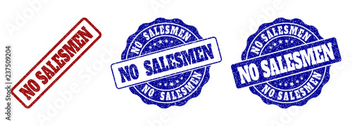 NO SALESMEN scratched stamp seals in red and blue colors. Vector NO SALESMEN labels with dirty texture. Graphic elements are rounded rectangles, rosettes, circles and text labels.