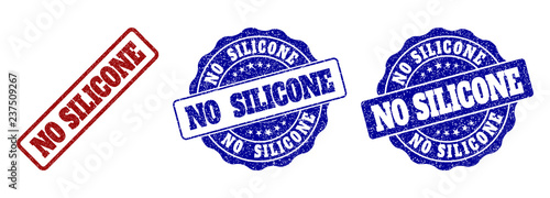 NO SILICONE grunge stamp seals in red and blue colors. Vector NO SILICONE watermarks with grunge texture. Graphic elements are rounded rectangles, rosettes, circles and text labels.