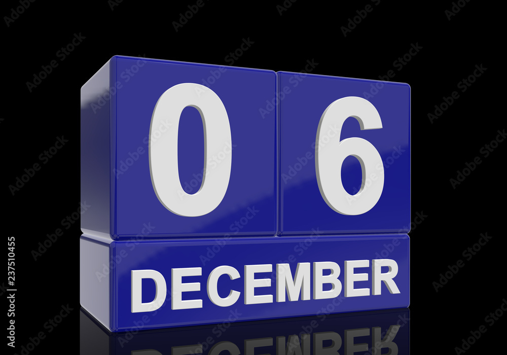 The date of 6 December in white numbers and letters on shiny blue cubes with reflection on a black background. The date of 6 December in white numbers and letters on shiny blue cubes with reflection on a black background.