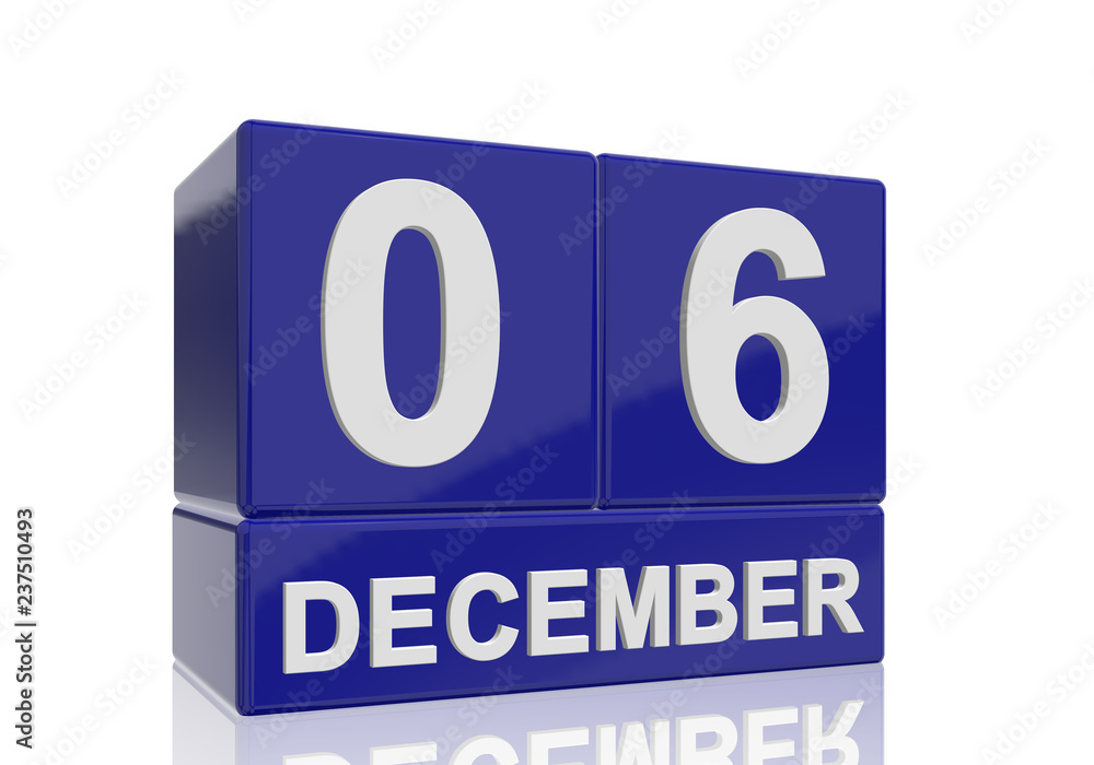 The date of 6 December in white numbers and letters on shiny blue cubes with reflection on a white background. The date of 6 December in white numbers and letters on shiny blue cubes with reflection on a white background.