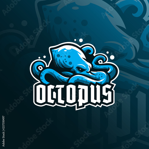octopus sport mascot logo design illustration, tshirt and emblem.