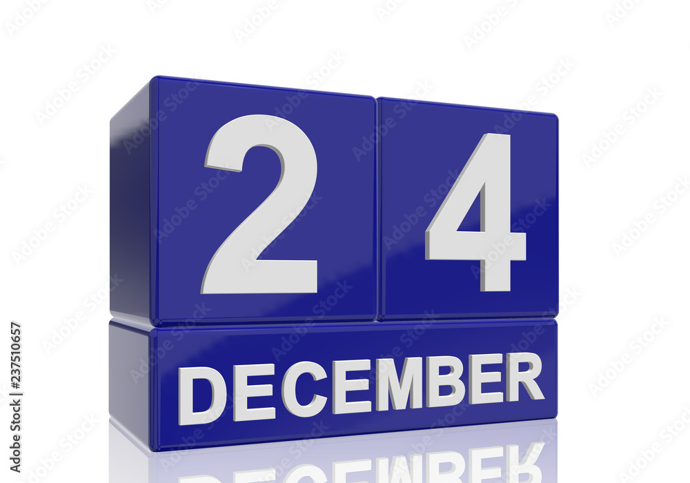 The date of 24 December in white numbers and letters on shiny blue cubes with reflection on a white background. The date of 24 December in white numbers and letters on shiny blue cubes with reflection on a white background.