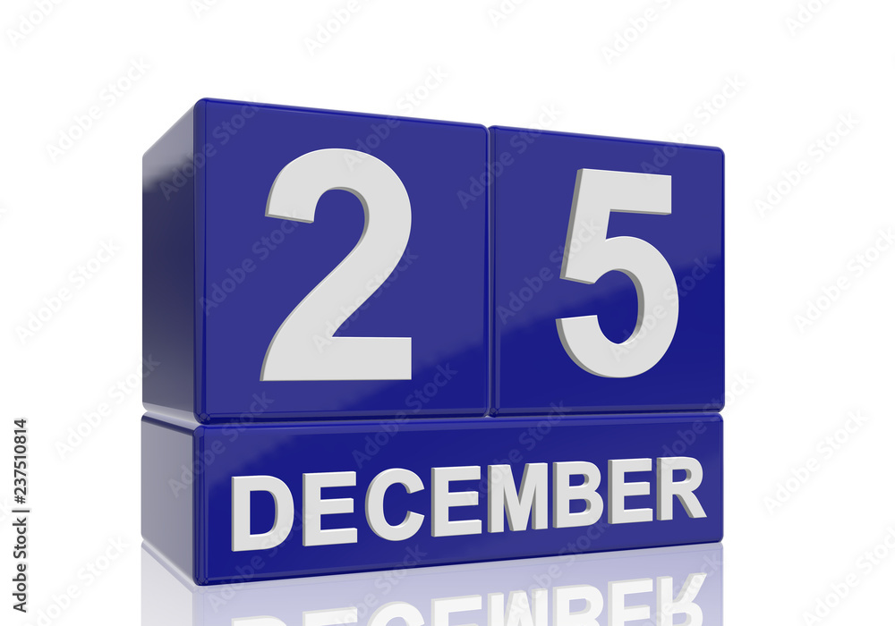 The date of 25 December in white numbers and letters on shiny blue cubes with reflection on a white background. The date of 25 December in white numbers and letters on shiny blue cubes with reflection on a white background.