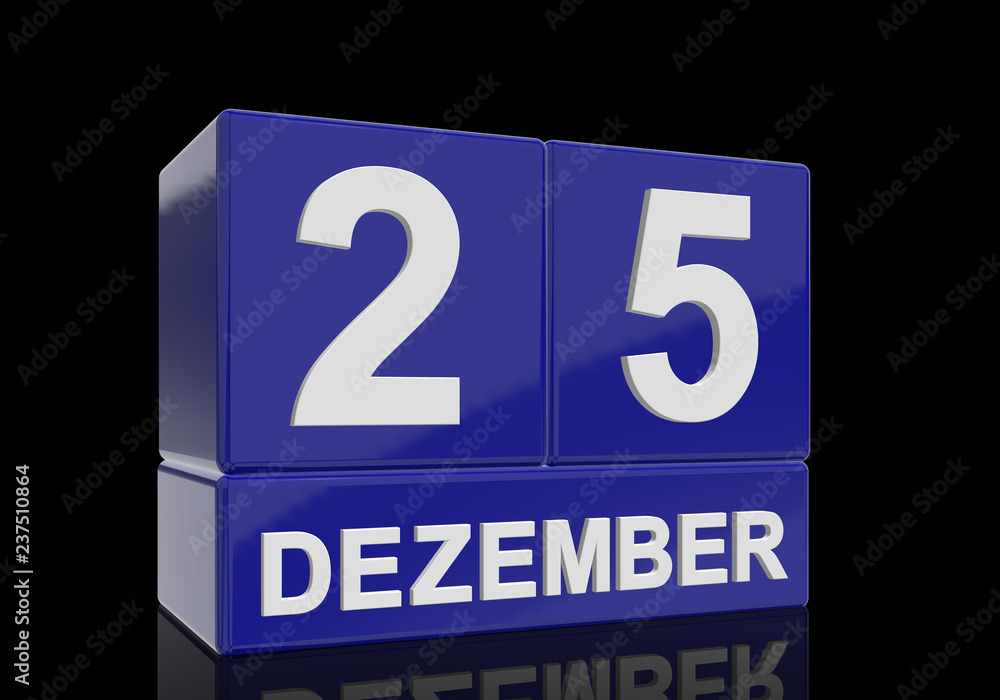 The date of 25 Dezember in white numbers and letters on shiny blue cubes with reflection on a black background.