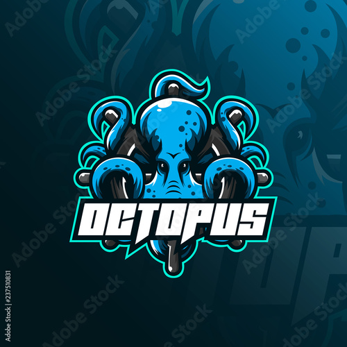 octopus sport mascot logo design illustration, tshirt and emblem.