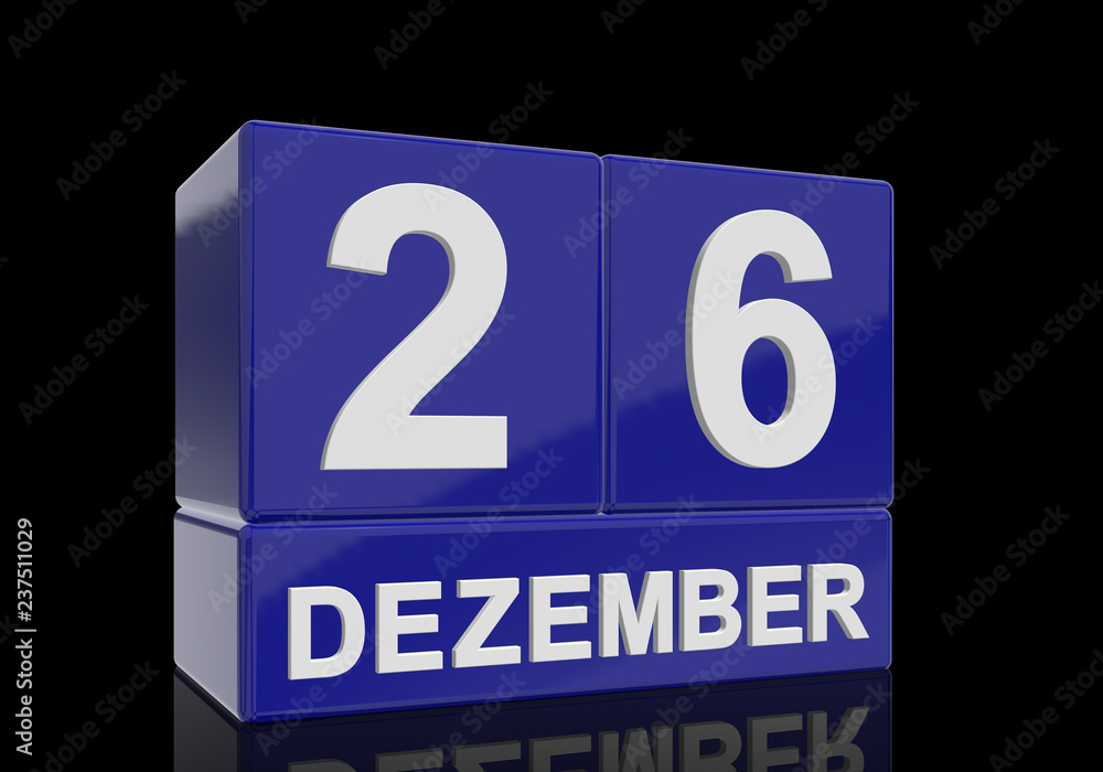 The date of 26 Dezember in white numbers and letters on shiny blue cubes with reflection on a black background. The date of 26 Dezember in white numbers and letters on shiny blue cubes with reflection on a black background.