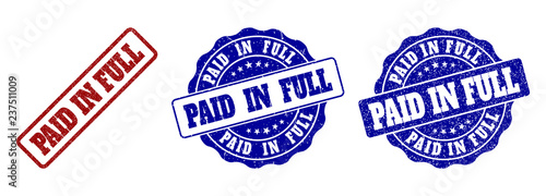 PAID IN FULL grunge stamp seals in red and blue colors. Vector PAID IN FULL labels with scratced texture. Graphic elements are rounded rectangles, rosettes, circles and text labels.