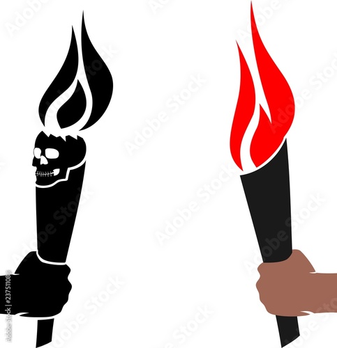 A hand is holding a torch with fire. A stub with a torch