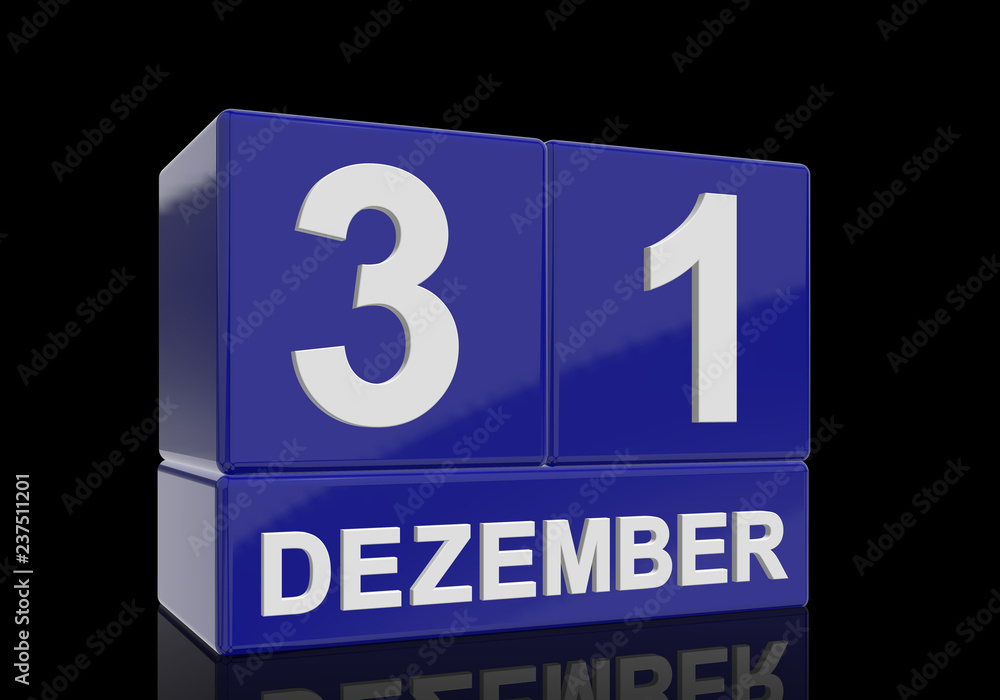 The date of 31 Dezember in white numbers and letters on shiny blue cubes with reflection on a black background. The date of 31 Dezember in white numbers and letters on shiny blue cubes with reflection on a black background.
