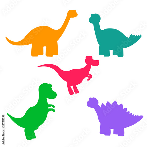 Set of multicolored silhouettes of baby dinosaurs