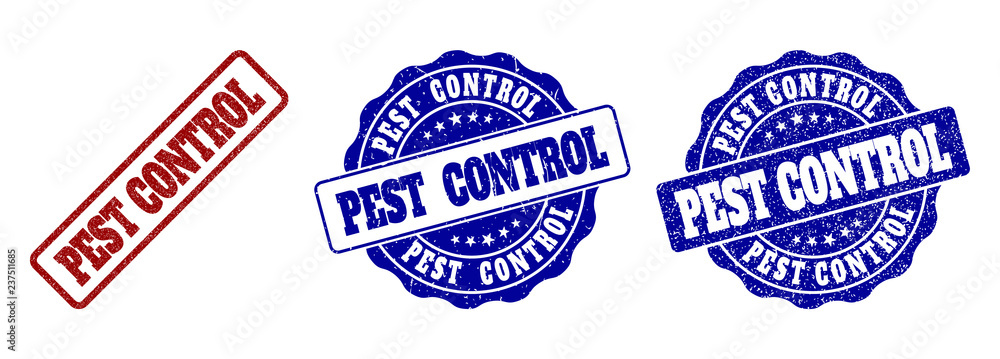 PEST CONTROL scratched stamp seals in red and blue colors. Vector PEST CONTROL watermarks with grunge style. Graphic elements are rounded rectangles, rosettes, circles and text captions.