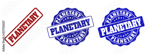 PLANETARY scratched stamp seals in red and blue colors. Vector PLANETARY overlays with grunge effect. Graphic elements are rounded rectangles, rosettes, circles and text labels.