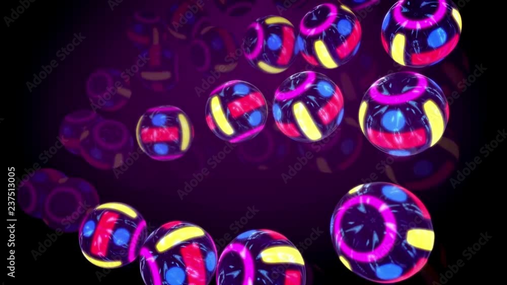 Astonishing 3d rendering of four lines of neon looking colorful balls placed on flat askew surface in the pink background in seamless loop. They shape the spirit of novelty, optimism and celebration. Astonishing 3d rendering of four lines of neon looking colorful balls placed on flat askew surface in the pink background in seamless loop. They shape the spirit of novelty, optimism and celebration.