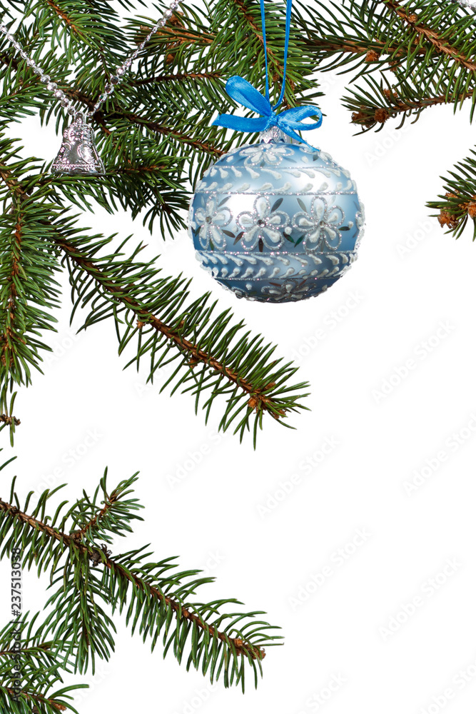 Branches of fir tree with Christmas ornament on white isolated background. Branches of fir tree with Christmas ornament on white isolated background.