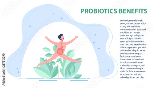 Probiotics benefits. Scheme of influence of probiotics on a human body.