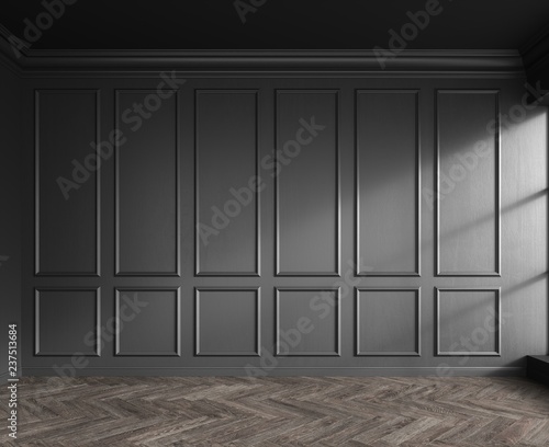 3d render of black interior with classic panels