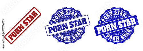 PORN STAR grunge stamp seals in red and blue colors. Vector PORN STAR imprints with grunge surface. Graphic elements are rounded rectangles, rosettes, circles and text tags.