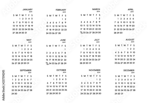 Calendar 2019 year black and white vector template, Pocket square calendar, ready design, simplicity