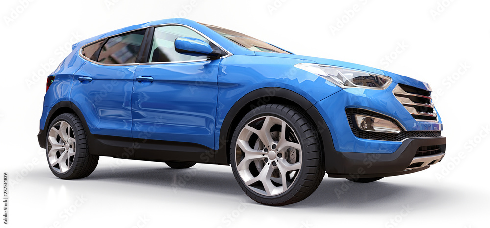Compact city crossover blue color on a white background. 3d rendering. - obrazy, fototapety, plakaty 