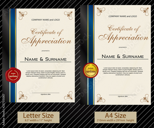 2 sizes of Certificate of Appreciation with laurel wreath and wax seal portrait version