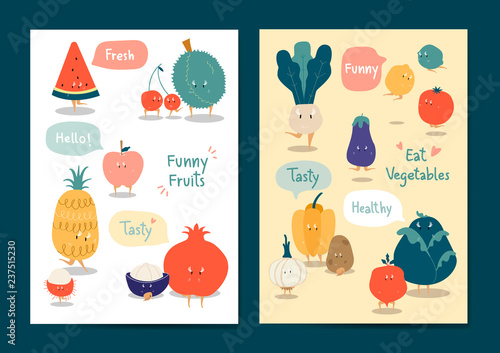 Funny fruits and vegetables vector set