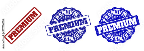 PREMIUM scratched stamp seals in red and blue colors. Vector PREMIUM watermarks with dirty style. Graphic elements are rounded rectangles, rosettes, circles and text titles.