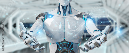White man robot using digital network connection 3D rendering
