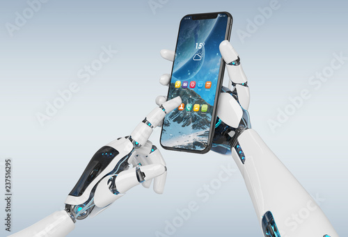 Obraz na płótnie White robot hand holding smartphone mockup 3d rendering