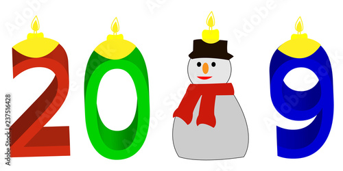 Red Blue and Green Happy New Year illustration with snowman