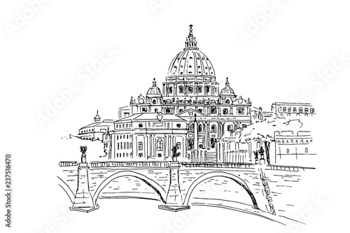 Vector sketch of St. Peter's Basilica in Rome, Italy