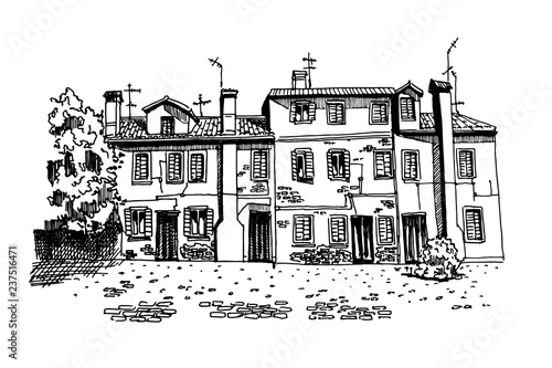 Vector sketch of architecture of Burano island, Venice, Italy.