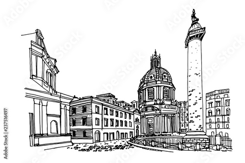 Santa Maria di Loreto and ruins of roman forum in Rome, Italy.