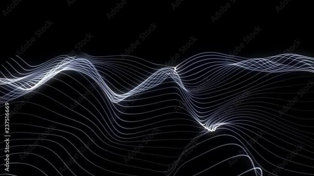 Abstract loopable black cg motion waving dots texture with glowing defocused white lines with particles. Cyber or technology digital landscape background. 3840x2160 4k uhd