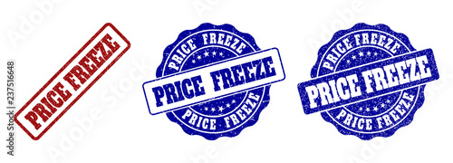 PRICE FREEZE grunge stamp seals in red and blue colors. Vector PRICE FREEZE labels with distress style. Graphic elements are rounded rectangles, rosettes, circles and text labels.