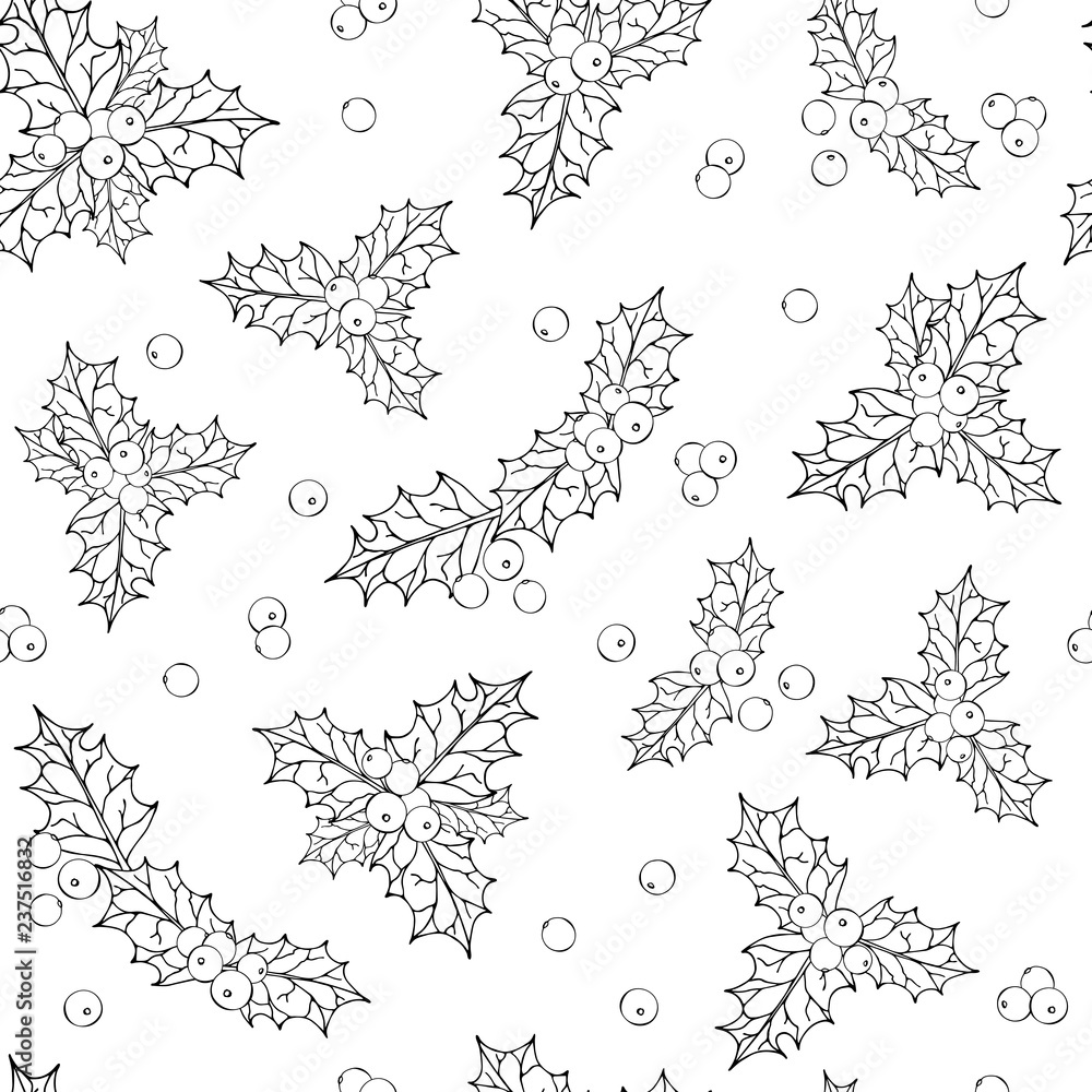 Pattern of vector illustrations on the Christmas Traditions theme: festive Norway holly - red mistletoe. Realistic isolated objects for your design.