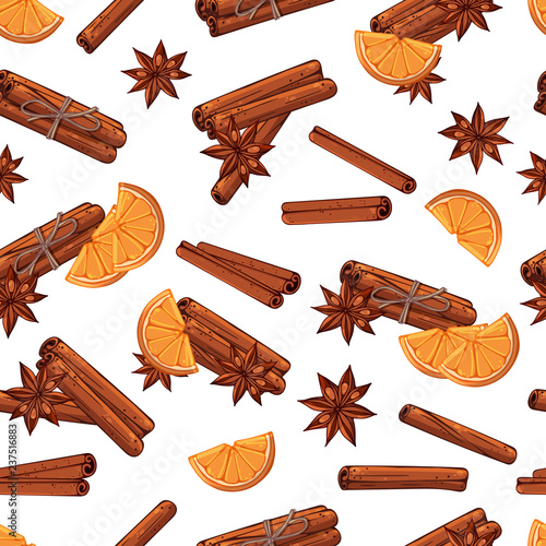 Pattern of vector colorful illustrations on the Christmas Traditions theme: festive sticks of cinnamon, anise stars and orange slices. Realistic isolated objects for your design.