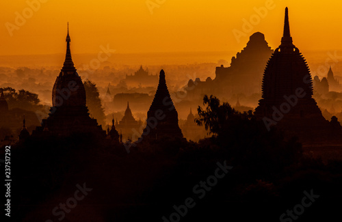 Amazing sunrise with the ancient architecture of a thousand Pagodas in Bagan Kingdom  Myanmar