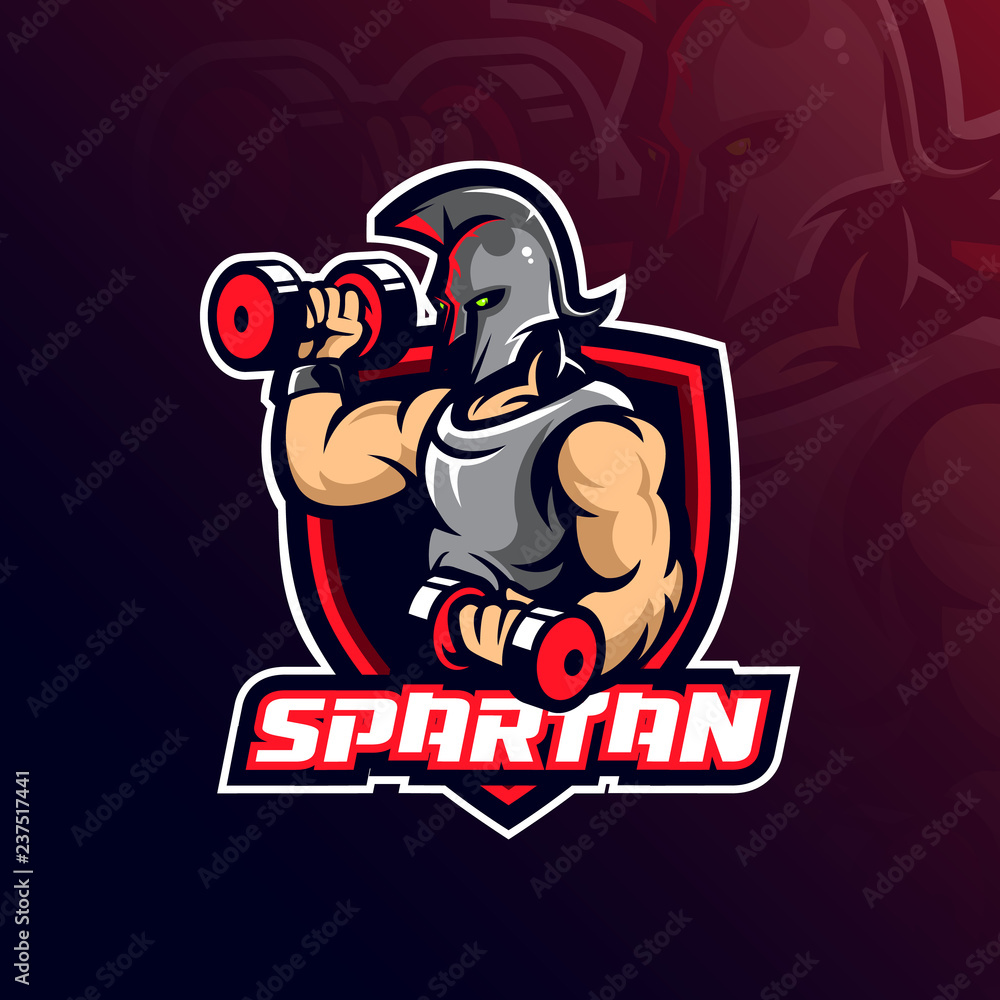 spartan mascot logo design vector with modern illustration concept style for badge, emblem and tshirt printing. spartan illustration with shield and barbell.