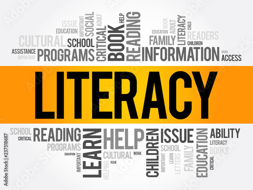 Literacy word cloud collage, education concept background