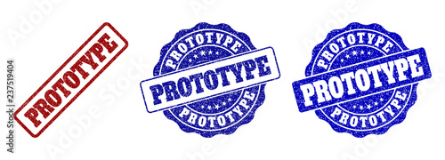 PROTOTYPE grunge stamp seals in red and blue colors. Vector PROTOTYPE imprints with grunge style. Graphic elements are rounded rectangles, rosettes, circles and text labels.