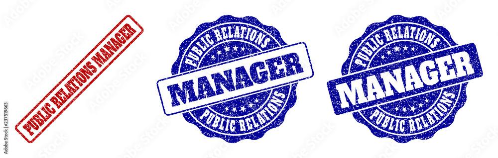 Fototapeta premium PUBLIC RELATIONS MANAGER scratched stamp seals in red and blue colors. Vector PUBLIC RELATIONS MANAGER overlays with grainy texture. Graphic elements are rounded rectangles, rosettes,