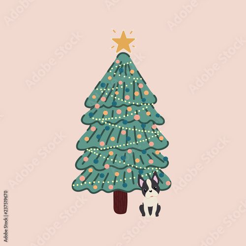 Vector of a decorated Christmas tree and with a Boston Terrier breed dog next to it.