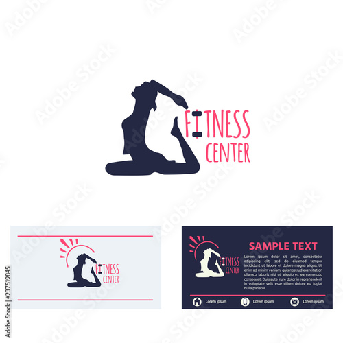 Fitness club logo or emblem with woman  silhouette , icon, business card design template  on white background. Vector  illustration for design. photo