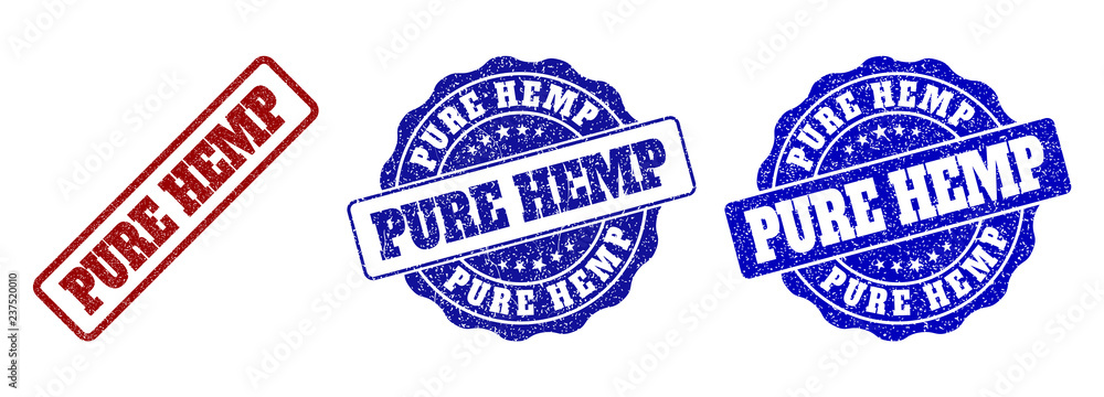 PURE HEMP grunge stamp seals in red and blue colors. Vector PURE HEMP labels with dirty surface. Graphic elements are rounded rectangles, rosettes, circles and text labels.