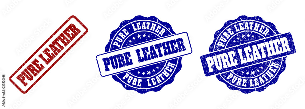 PURE LEATHER grunge stamp seals in red and blue colors. Vector PURE LEATHER watermarks with dirty effect. Graphic elements are rounded rectangles, rosettes, circles and text captions.