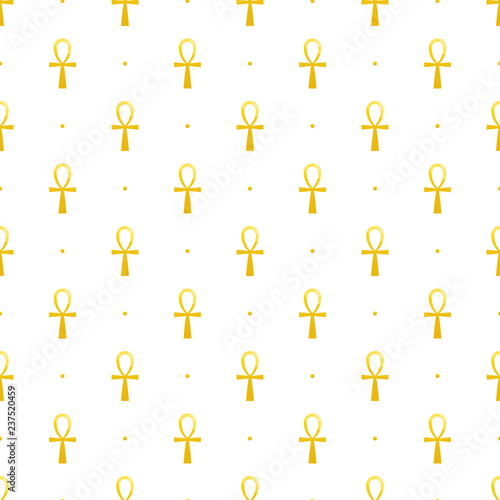Golden ancient egyptian ankh signs, symbols and dots seamless pattern background.